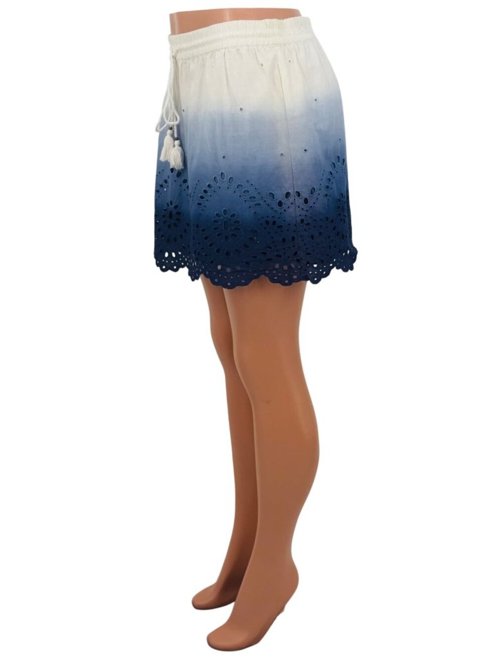 Express White Blue Ombre Eyelet Scalloped Tassel Mini Skirt | Coastal Boho 2K10s - Picture 12 of 16